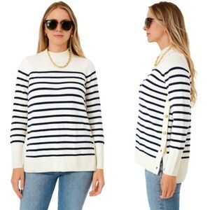 Tuckernuck Ivory Bar Harbor Sweater - Navy and Cream with gold buttons.